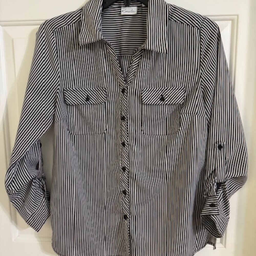 Kim Rogers Vertical Stripe Blouse Black White Minimalist Roll Tab Sleeves EUC
